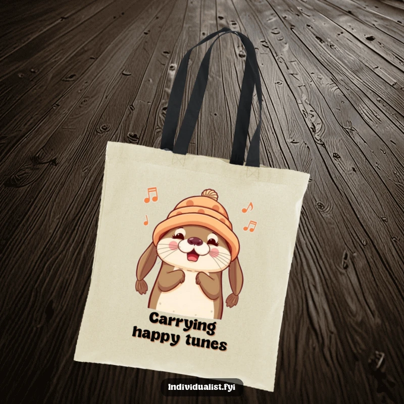 Funny Otter Tote Bag: A cheerful otter wearing a handmade hat carries a tote bag, ready for a musical outing.
