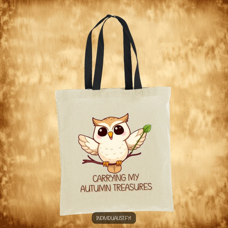 Funny owl leaf tote bag depicting a happy owl flying with a distinctive leaf, offering ample space for essentials.