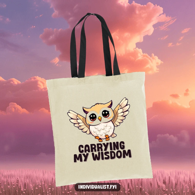 Funny owl soaring tote bag showing a happy owl with a unique wing pattern, perfect for carrying items with nocturnal charm and humor.