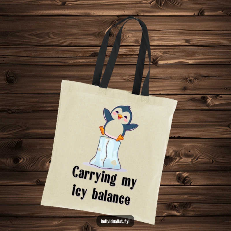 Funny Penguin Tote Bag: Joyful penguin enthusiastically balancing on an ice block, a functional and funny accessory.