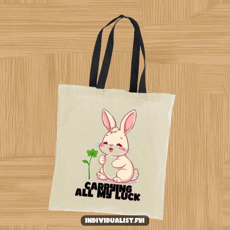 Funny tote bag illustrating a gleeful rabbit admiring a peculiar clover, showcasing a moment of pure joy.