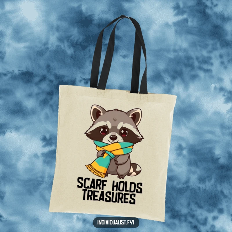 Funny Raccoon Tote Bag illustrating a mischievous raccoon with a brightly colored scarf artfully (or haphazardly) tied, ready for shopping.
