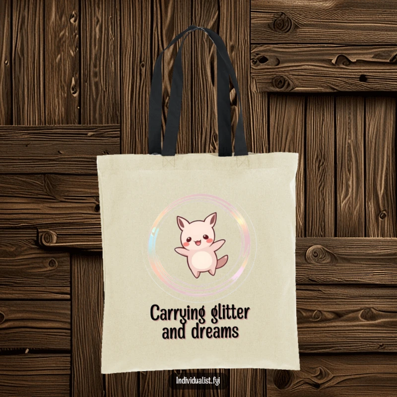 Funny tote bag featuring a cheerful creature with an unusual silhouette, joyfully spinning and leaving a beautiful shimmering trail. Carry happiness.