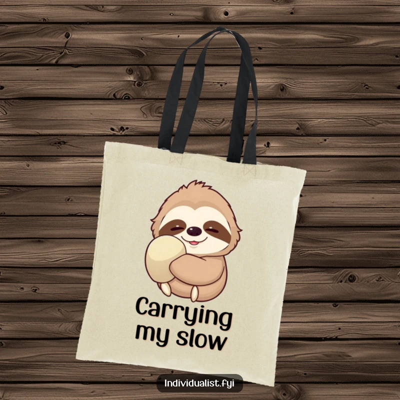 Funny Sloth Tote Bag showing a content sloth with a serene smile, sporting one massive glove, perfect for carrying life's necessities slowly.