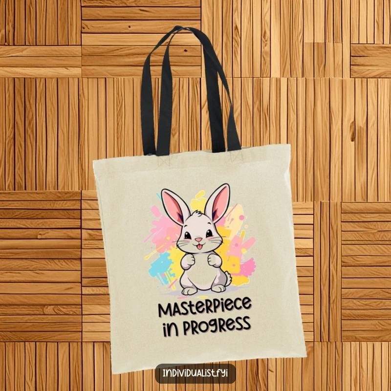 Funny Bunny Tote Bag: A playful bunny artist holds a tote filled with art supplies, ready to create.