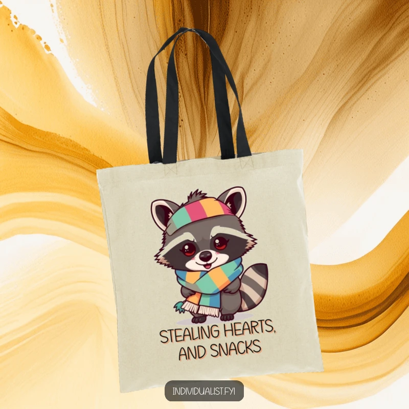 Funny raccoon tote bag showcasing a mischievous raccoon wearing an outlandish, colorful scarf, perfect for shoppers.